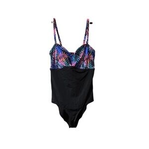 Swimsuits For All Black One-Piece with Multicolor Tropical Print Top